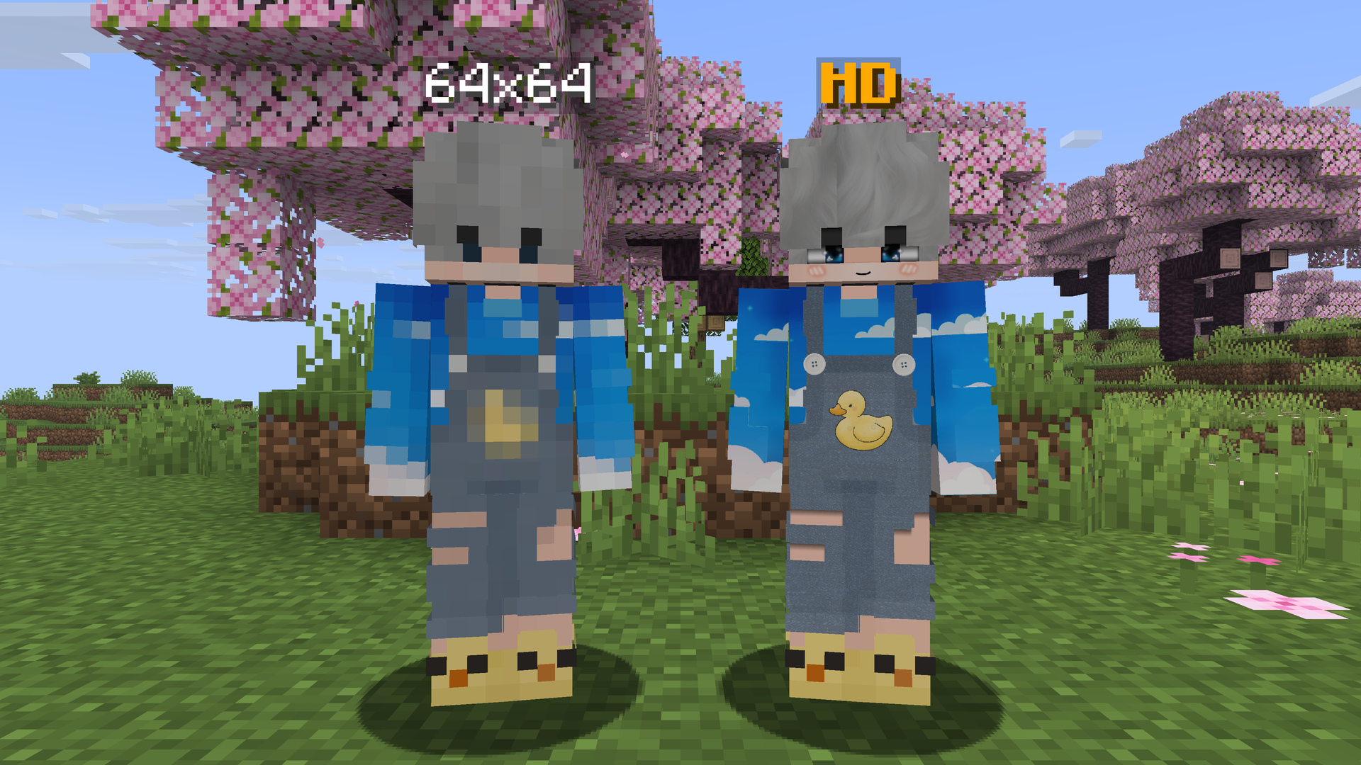 A normal 64x64 skin next to the same skin in HD