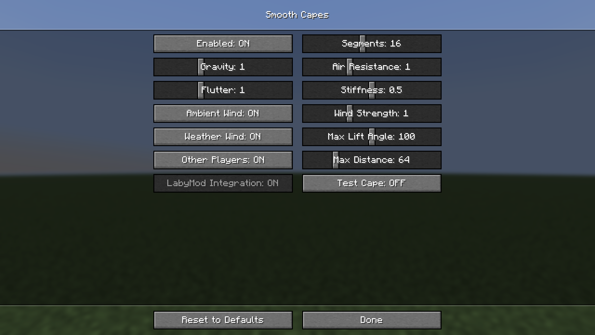 The Smooth Capes settings screen